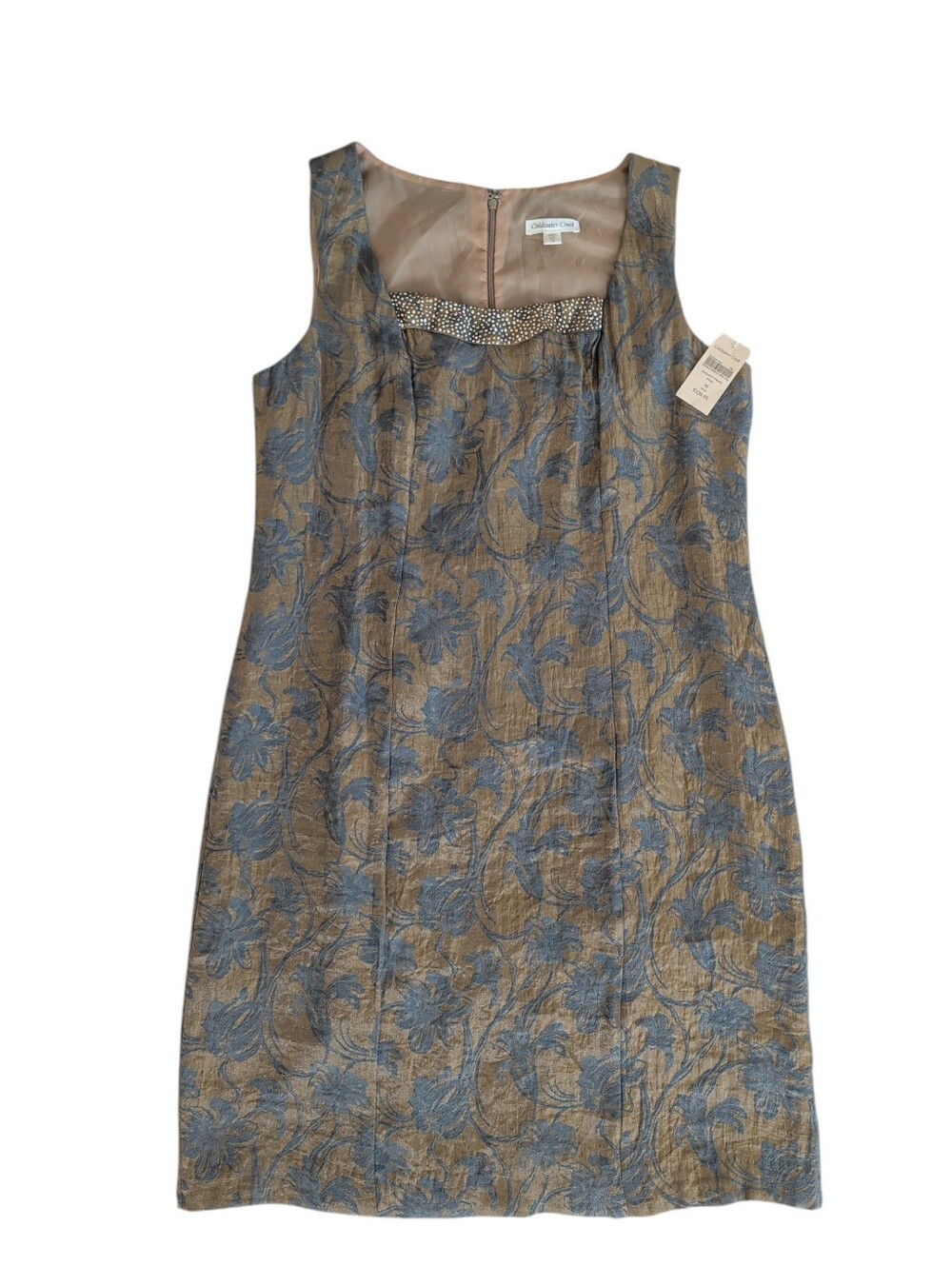 NWT Coldwater Creek Metallic Jacquard Sheath Dress 16 Blue Gold Wedding Guest